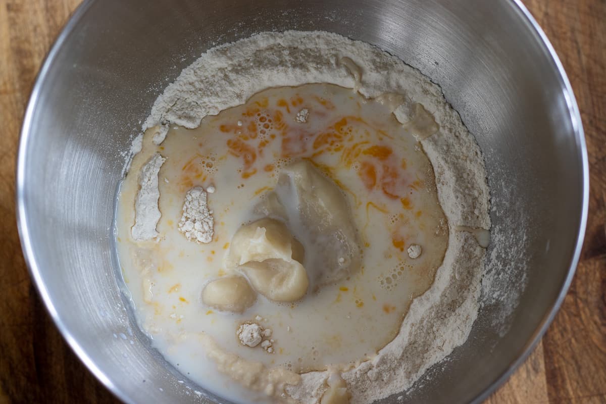 the wet ingredients except melted butter are added to the bowl