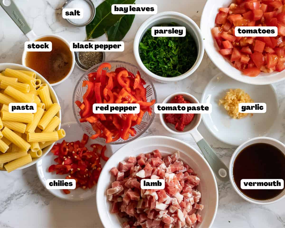 Labelled picture of ingredients for slow cooked lamb ragu
