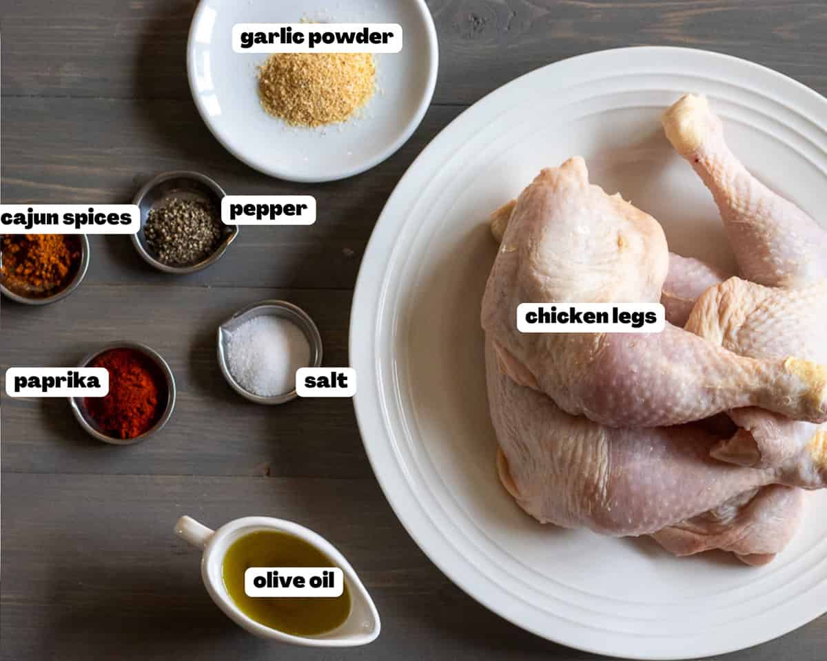 Labelled picture of ingredients for baked chicken leg quarters recipe