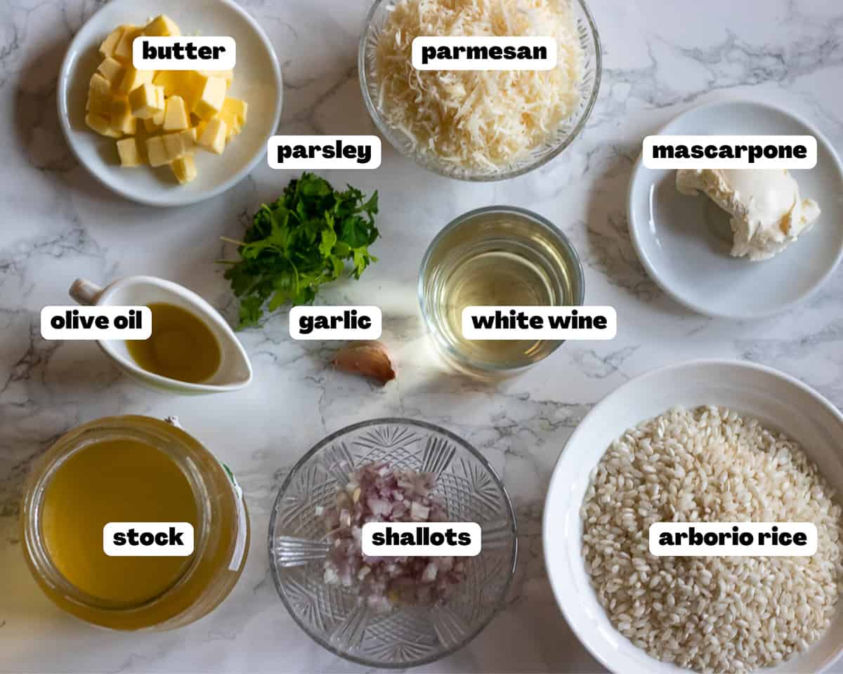 Labelled picture of ingredients for wild mushroom risotto 