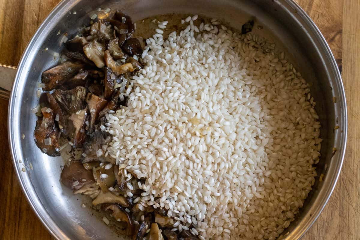 the rice is added to the pan
