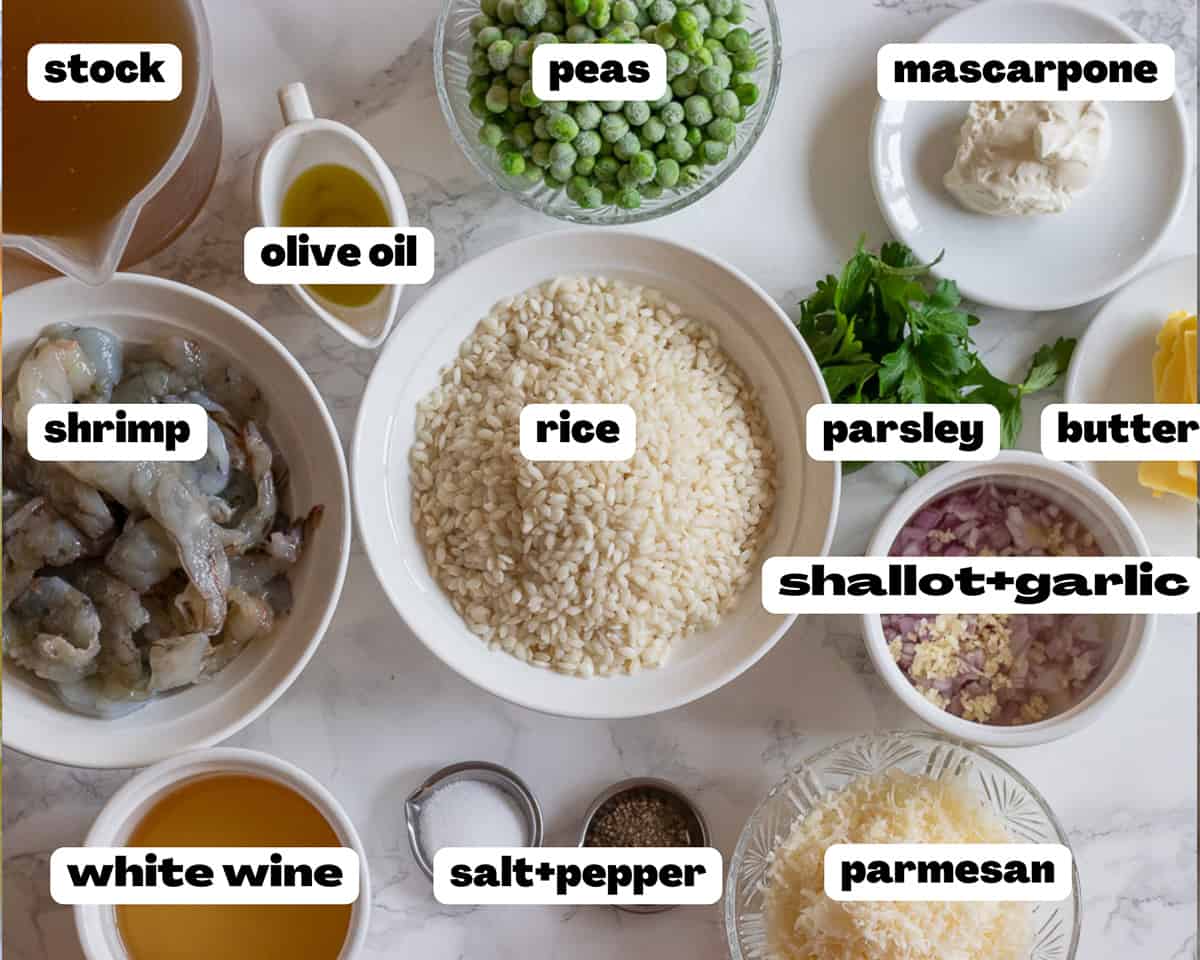 labeled picture of ingredients for creamy shrimp risotto dish