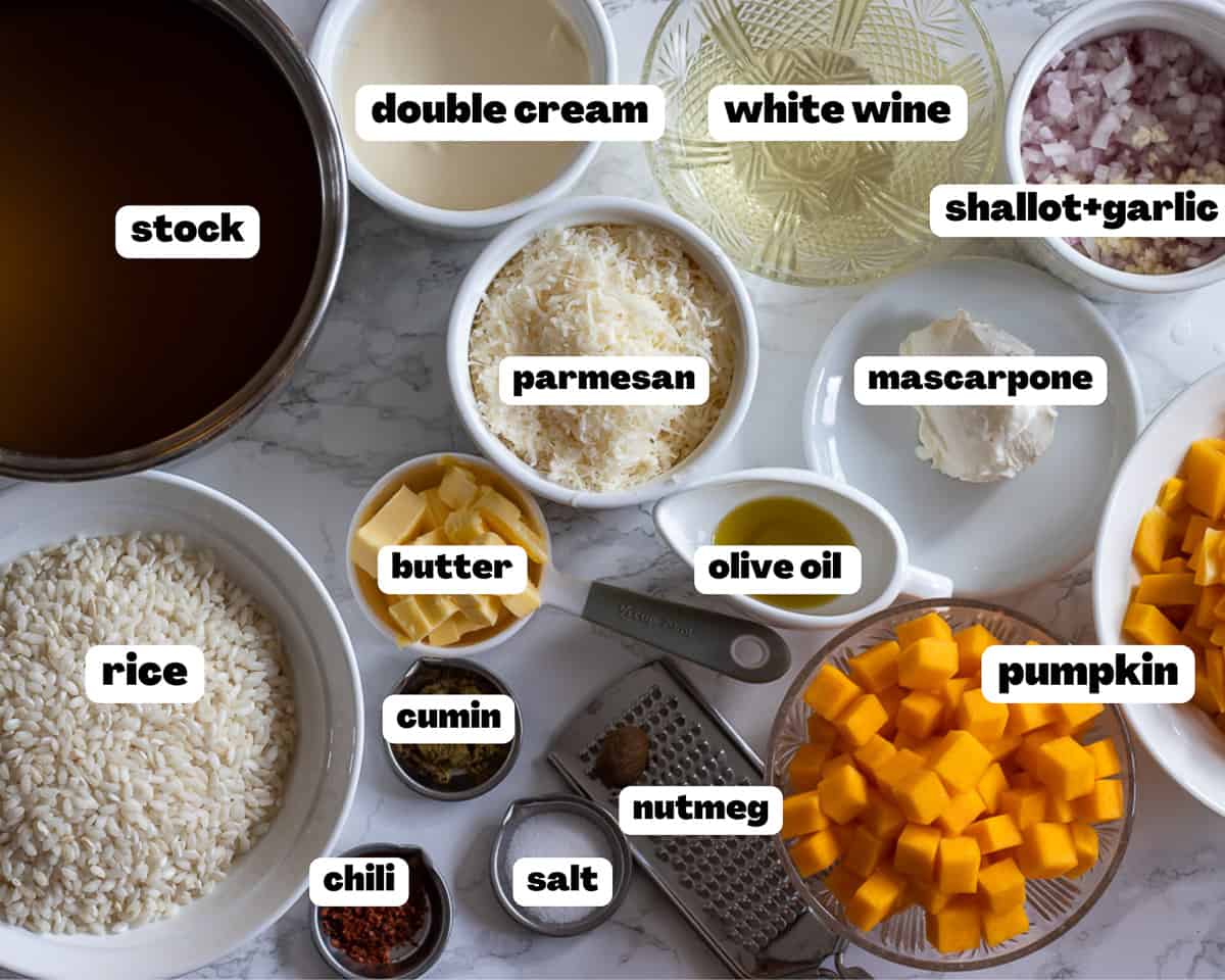 labelled picture of ingredients for pumpkin risotto - risotto all zucca 