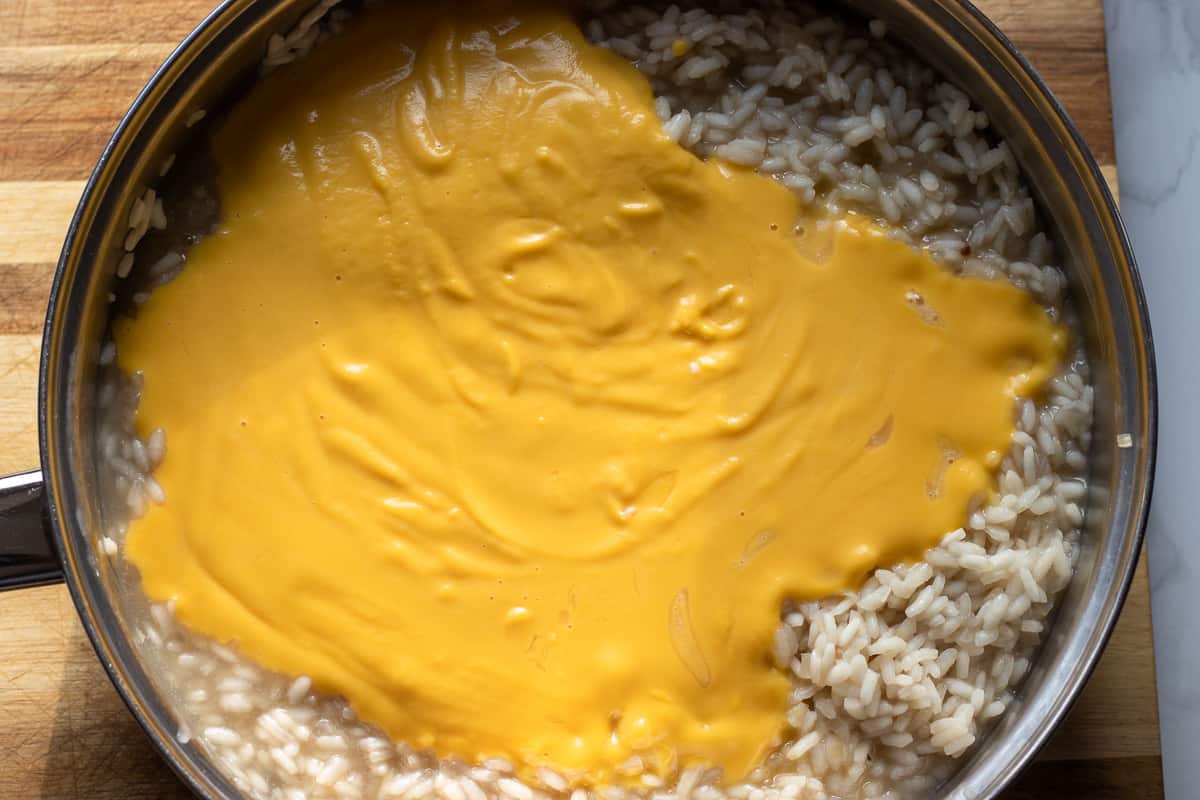 pumpkin purée is added to the rice