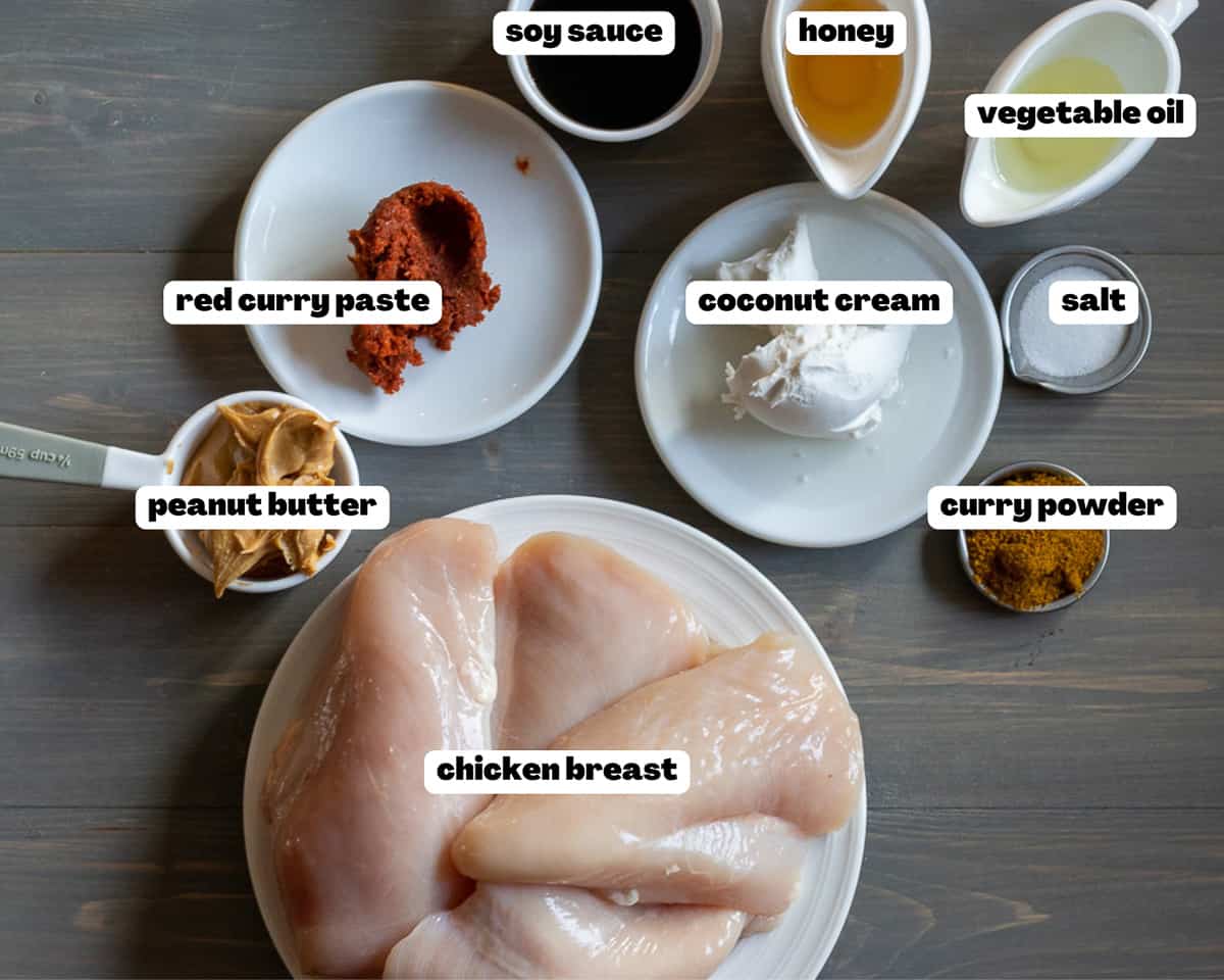 Labelled picture of ingredients for chicken satay dressing 