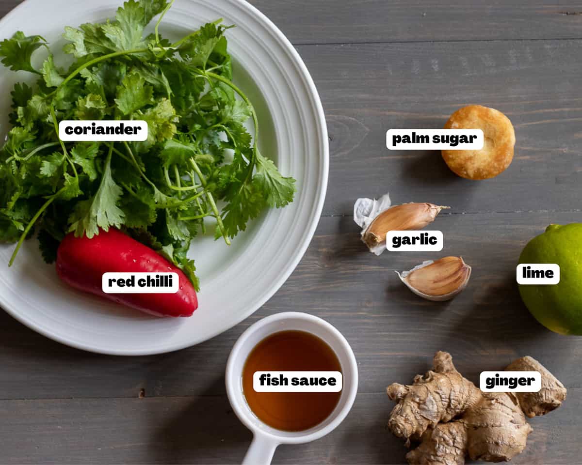Labelled picture of ingredients for thai dressing for mango salad