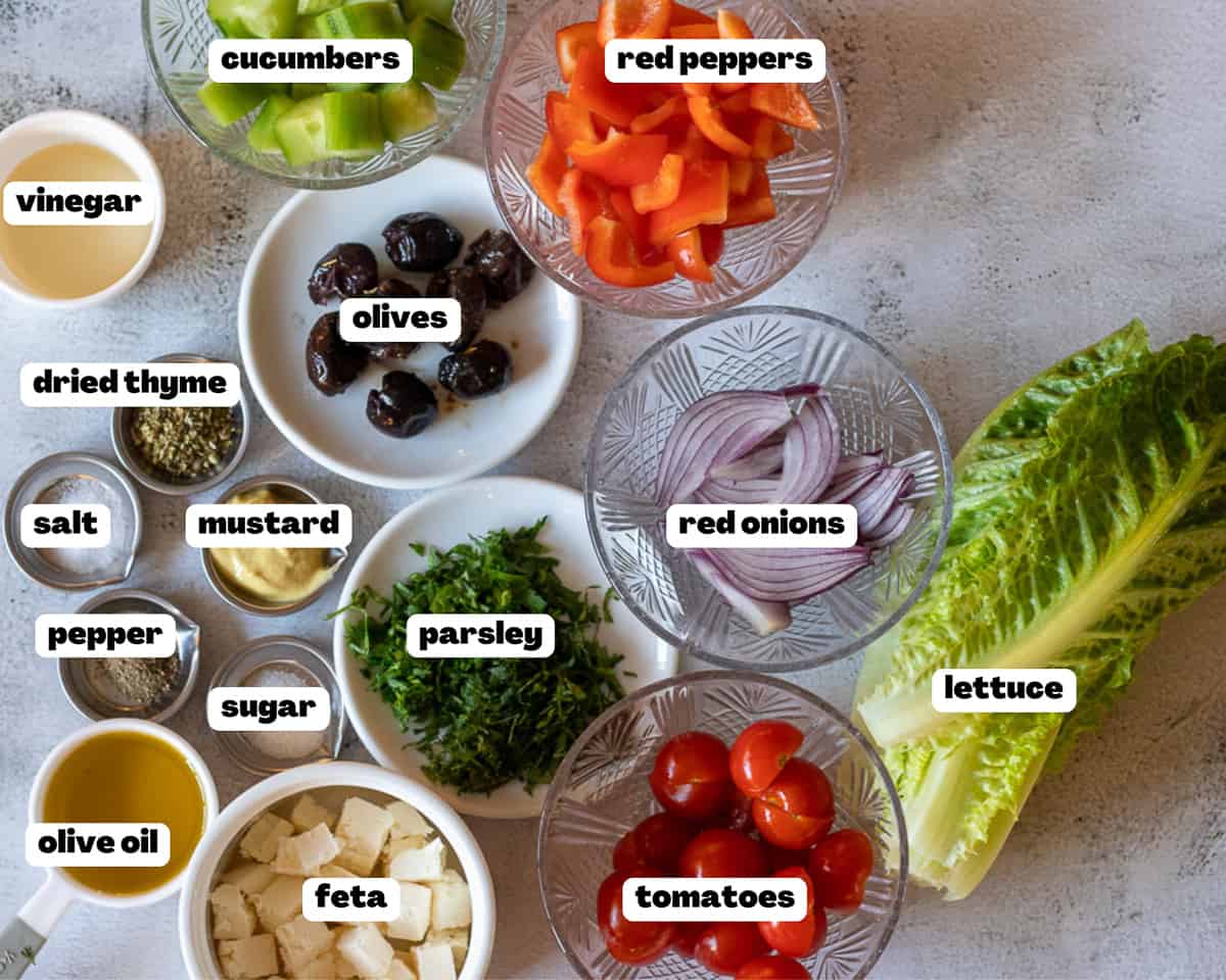 Labelled picture of ingredients for Greek Cucumber Salad