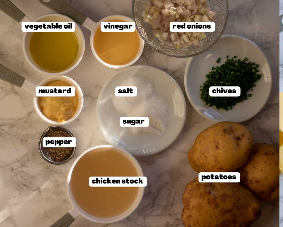 Labelled picture of ingredients for potato salad