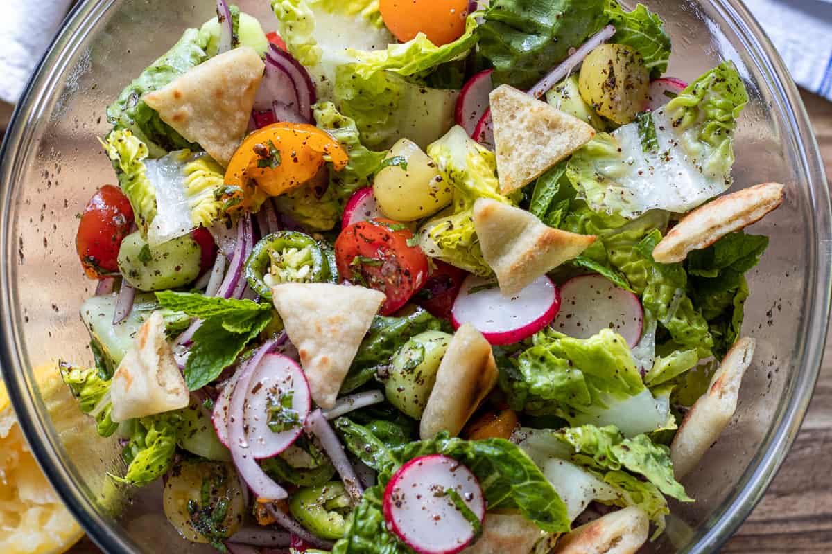 Lebanese Fattoush Salad served in a glass bowl