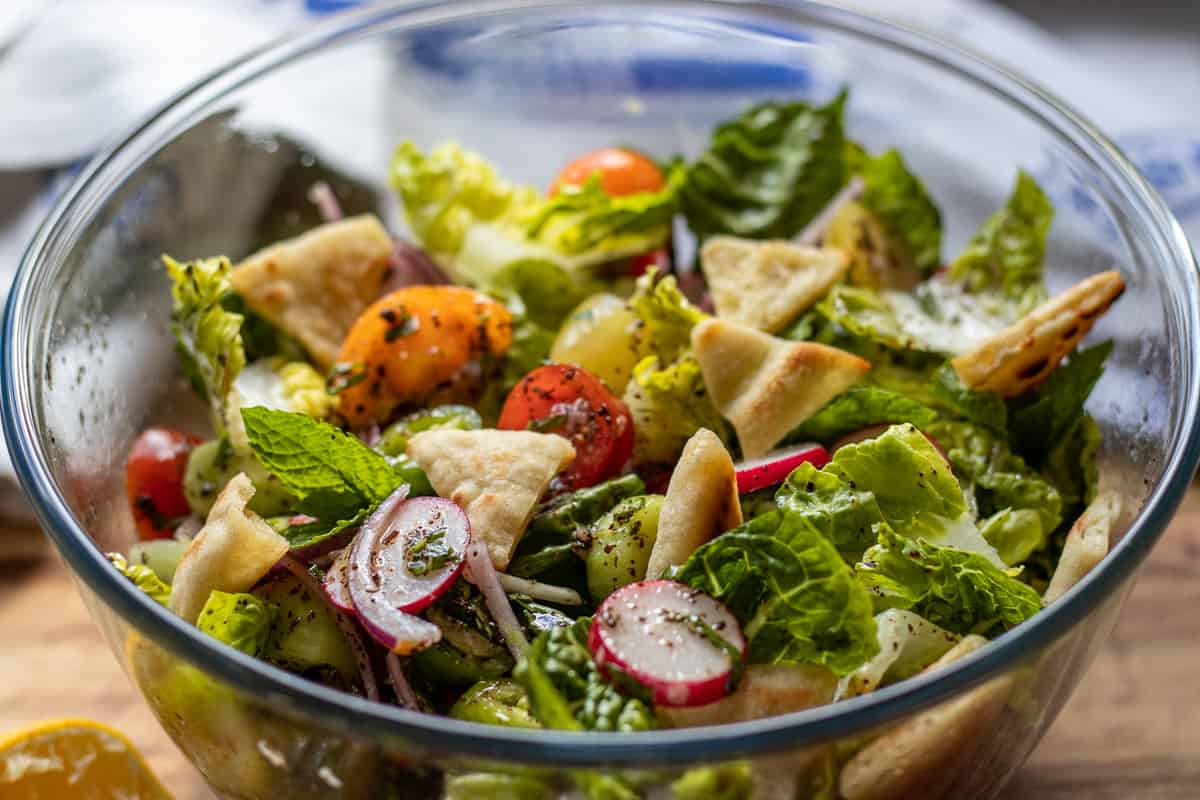 Fattoush Salad in a glass bowl