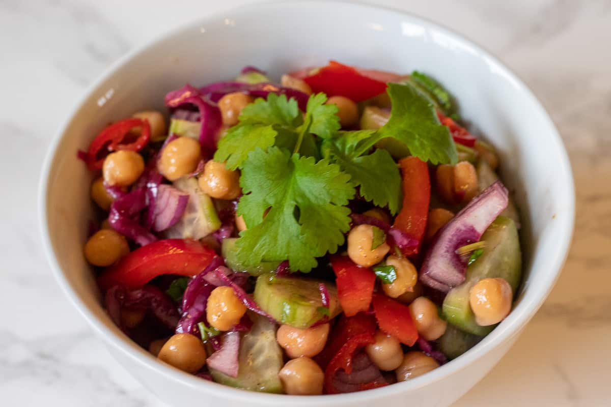 indian Chana Salad served in a bowl