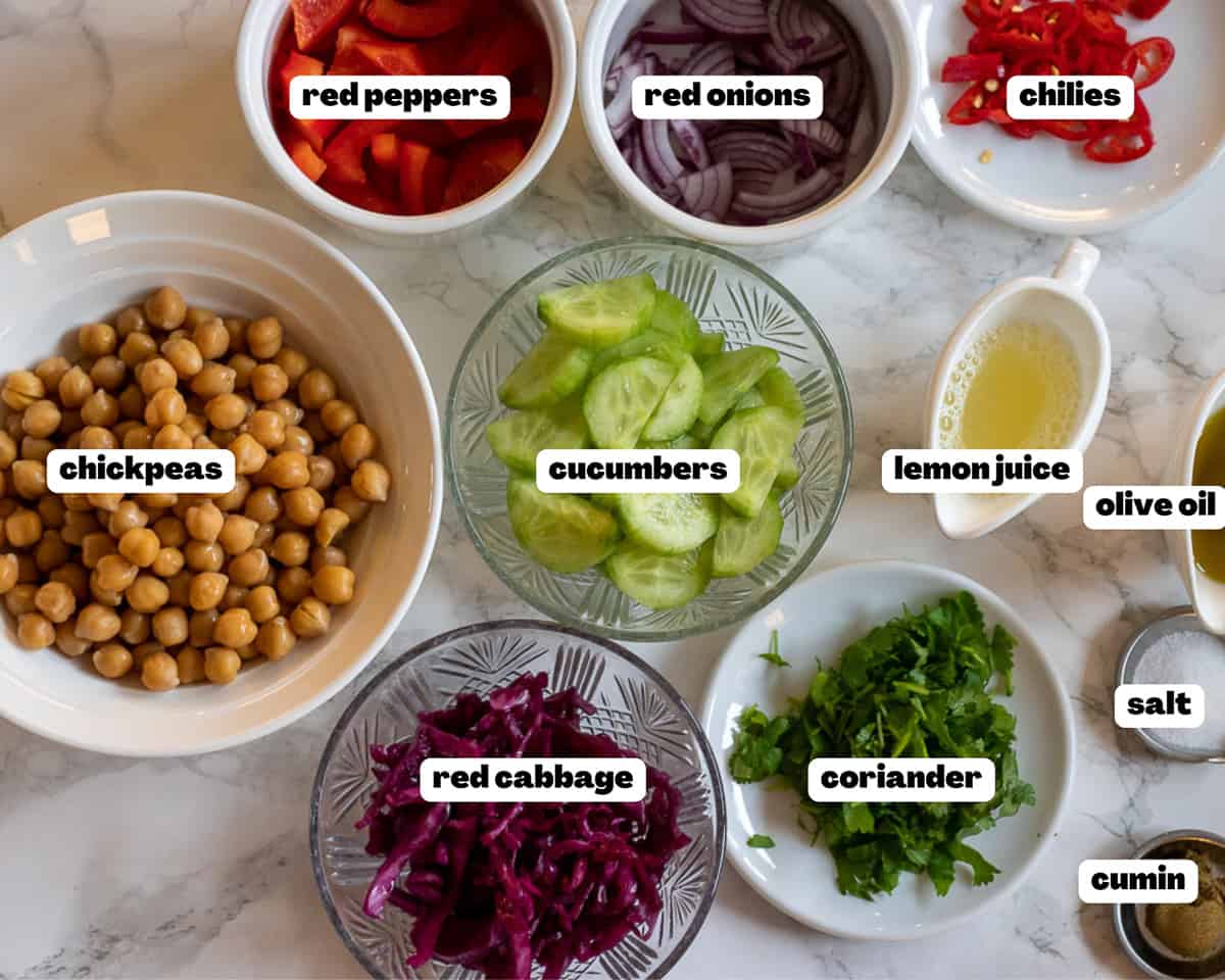 Labelled picture of ingredients for Indian chickpea salad