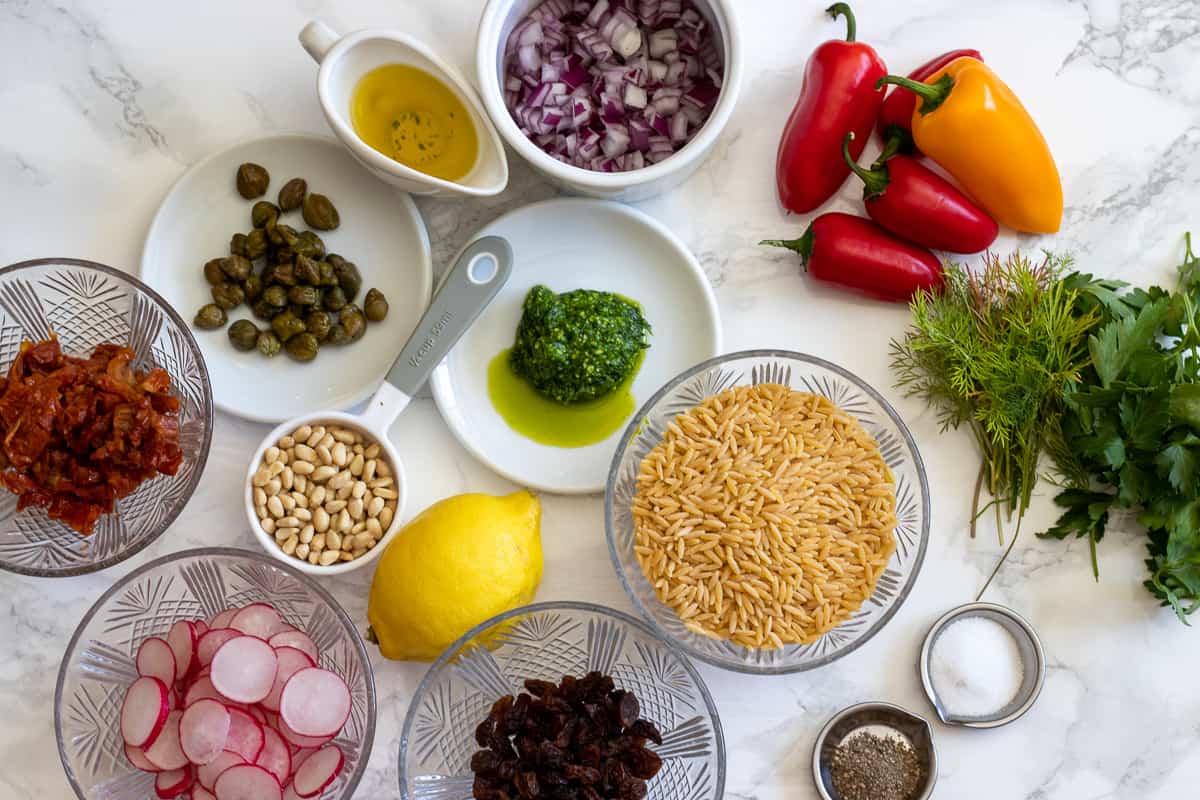 Ingredients needed for making orzo salad