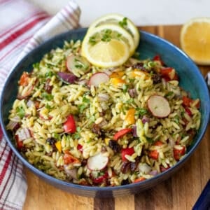 Mediterranean flavoured orzo salad in a bowl