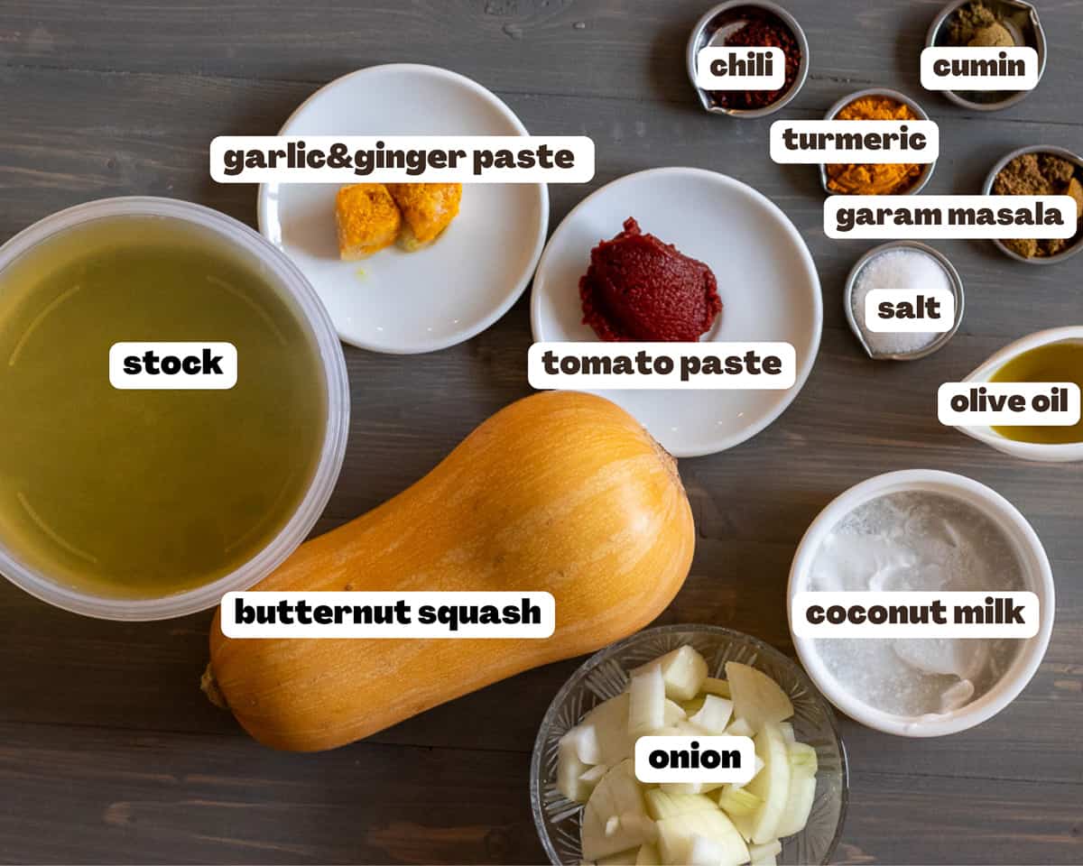 Labeled picture of ingredients for spiced butternut squash soup