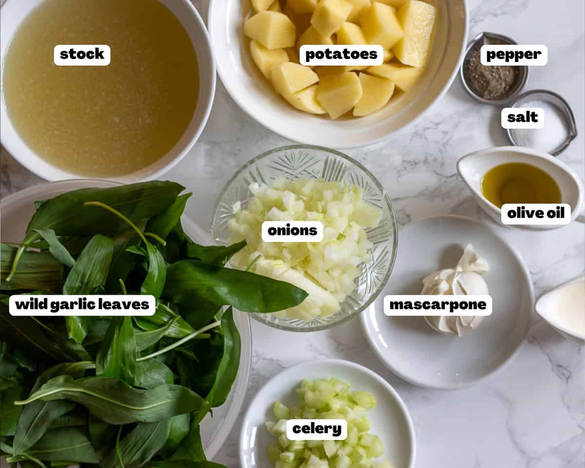 Labelled picture of ingredients for wild garlic soup