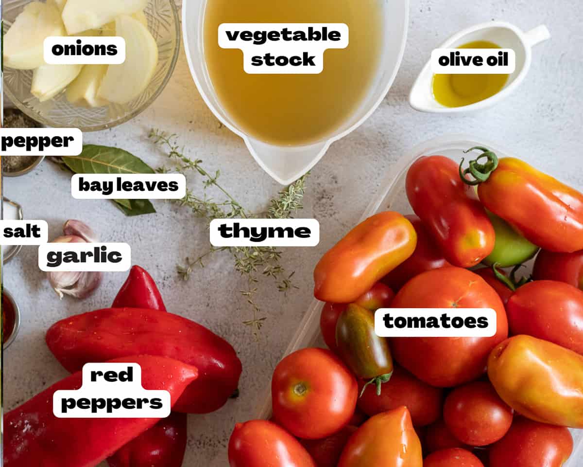 labeled picture of ingredients for red pepper and tomato soup recipe 