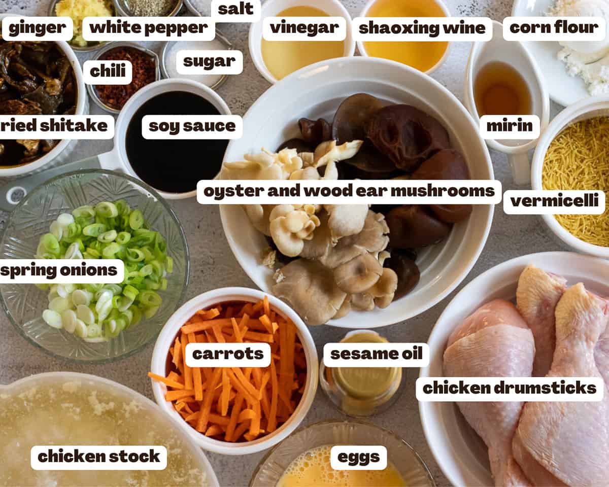 Labelled picture of ingredients for Chinese hot and sour chicken soup