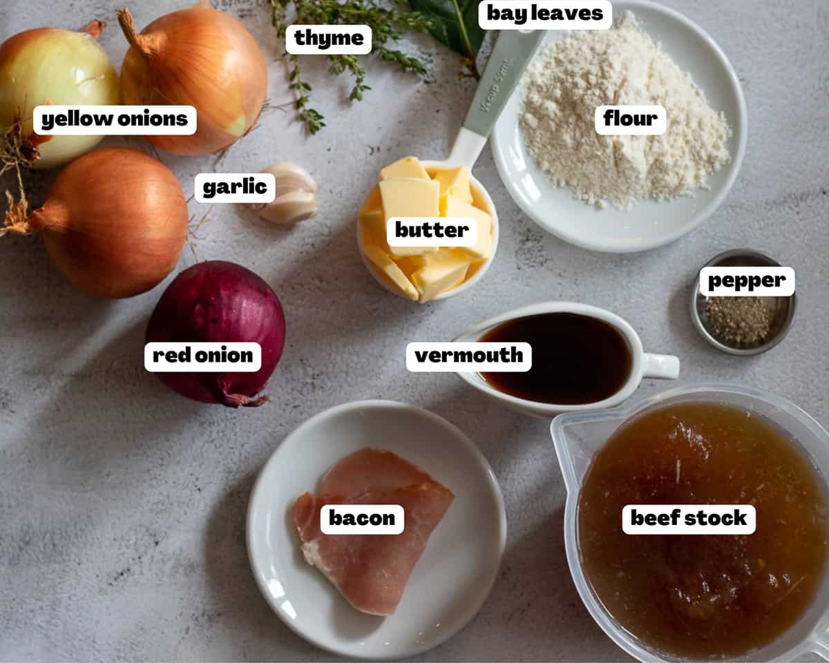 Labelled picture of ingredients for French onion soup 