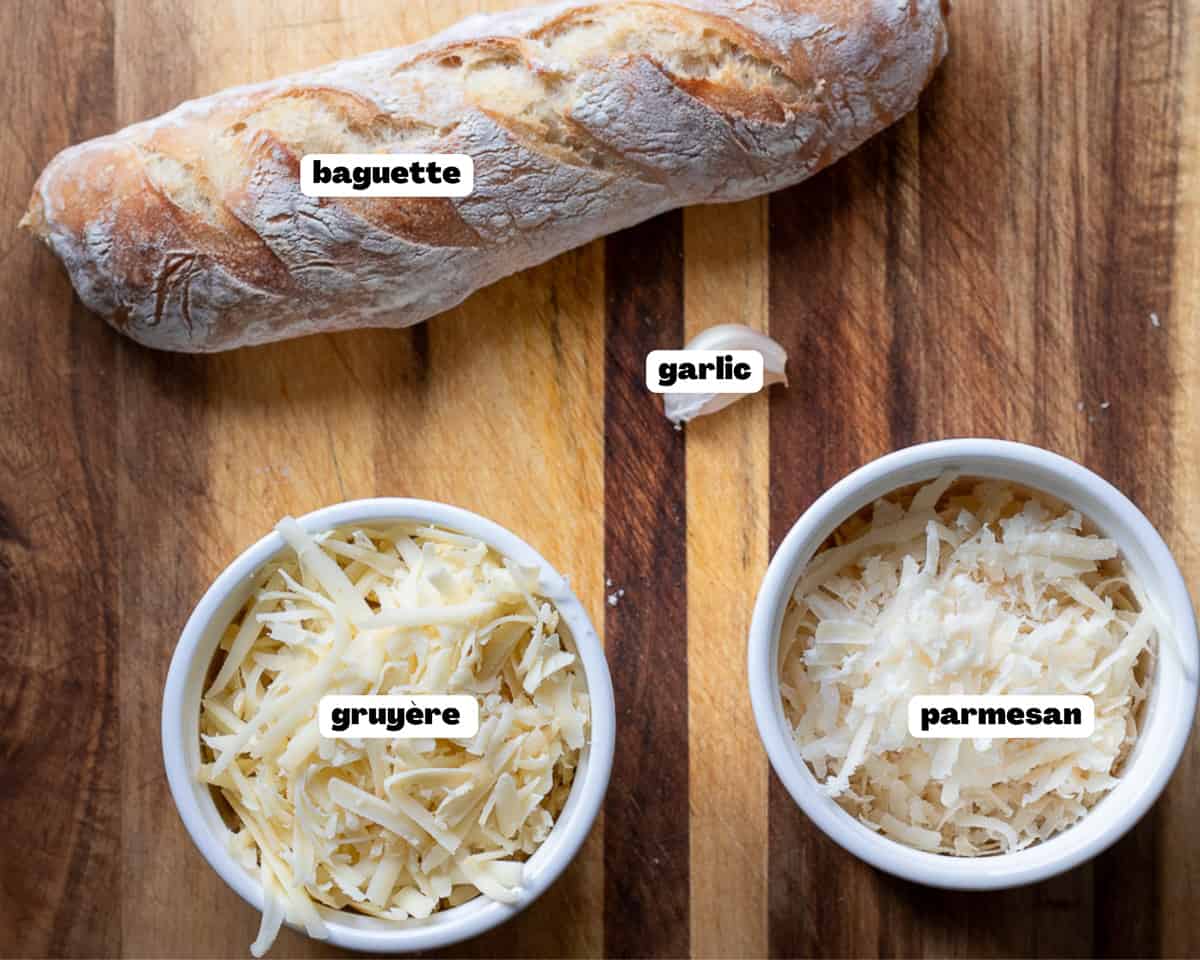 Labelled picture of ingredients for French onion soup garnishes