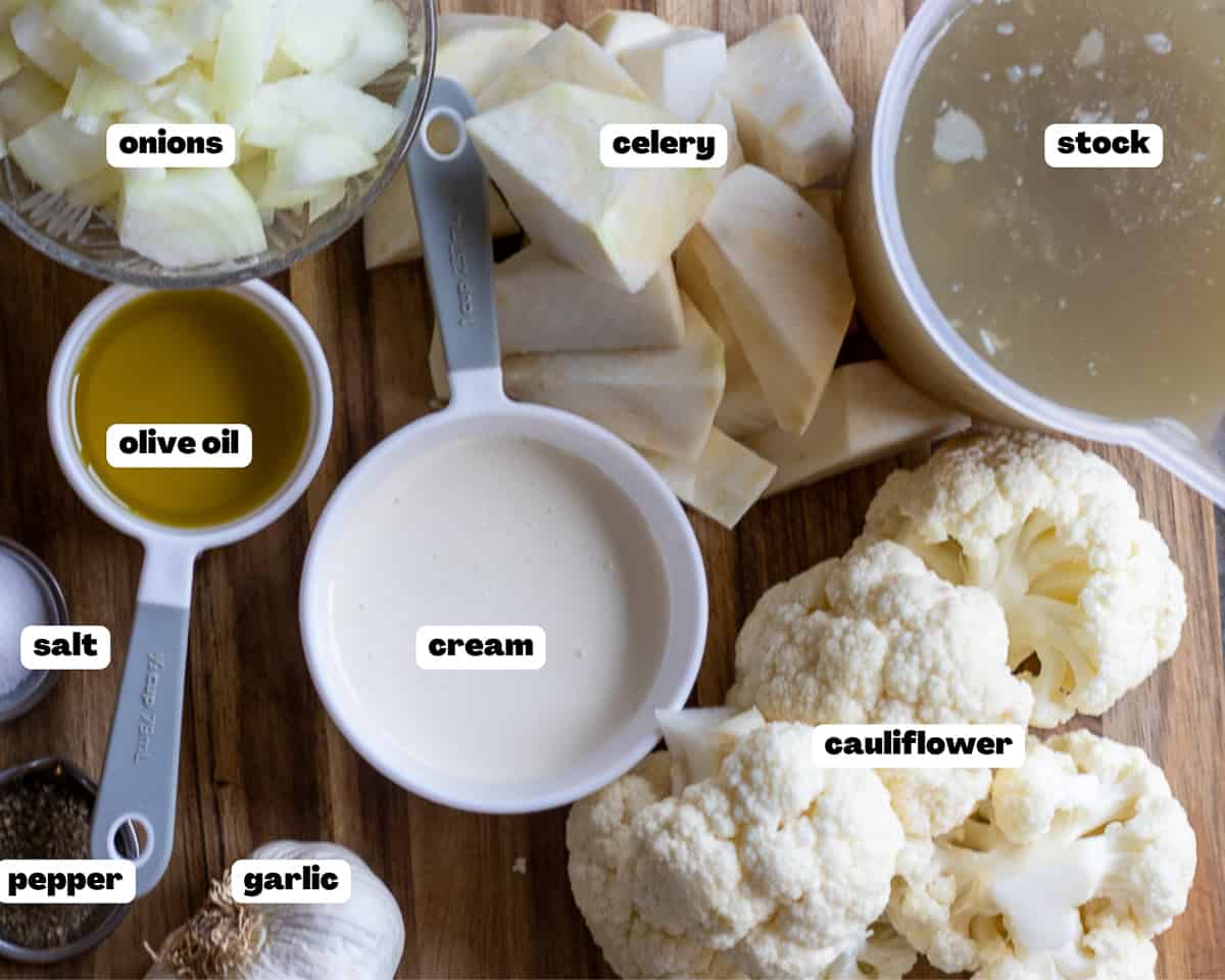 Labeled picture of ingredients for roasted cauliflower soup with celeriac recipe