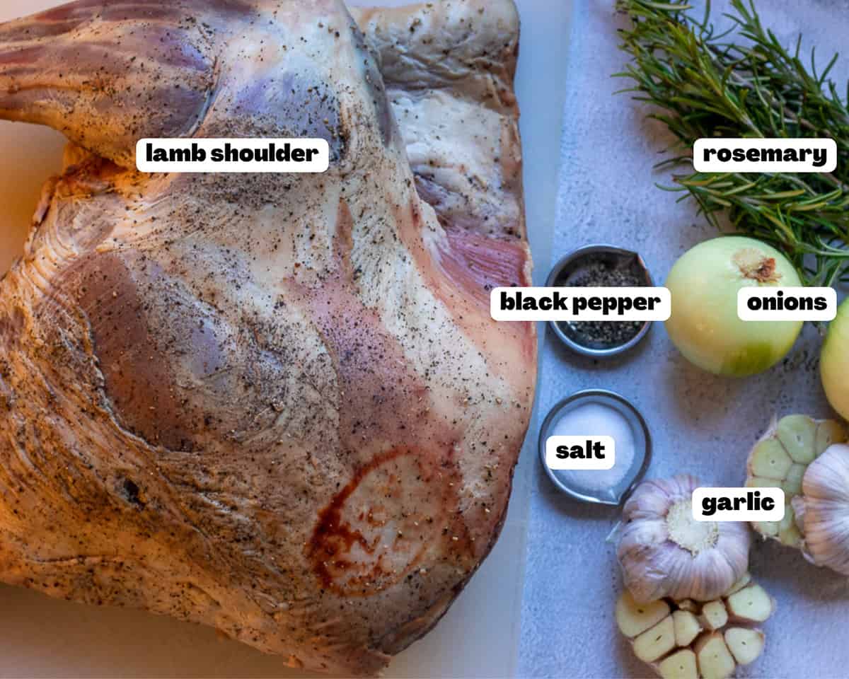 Labelled picture of ingredients for slow cooked lamb shoulder