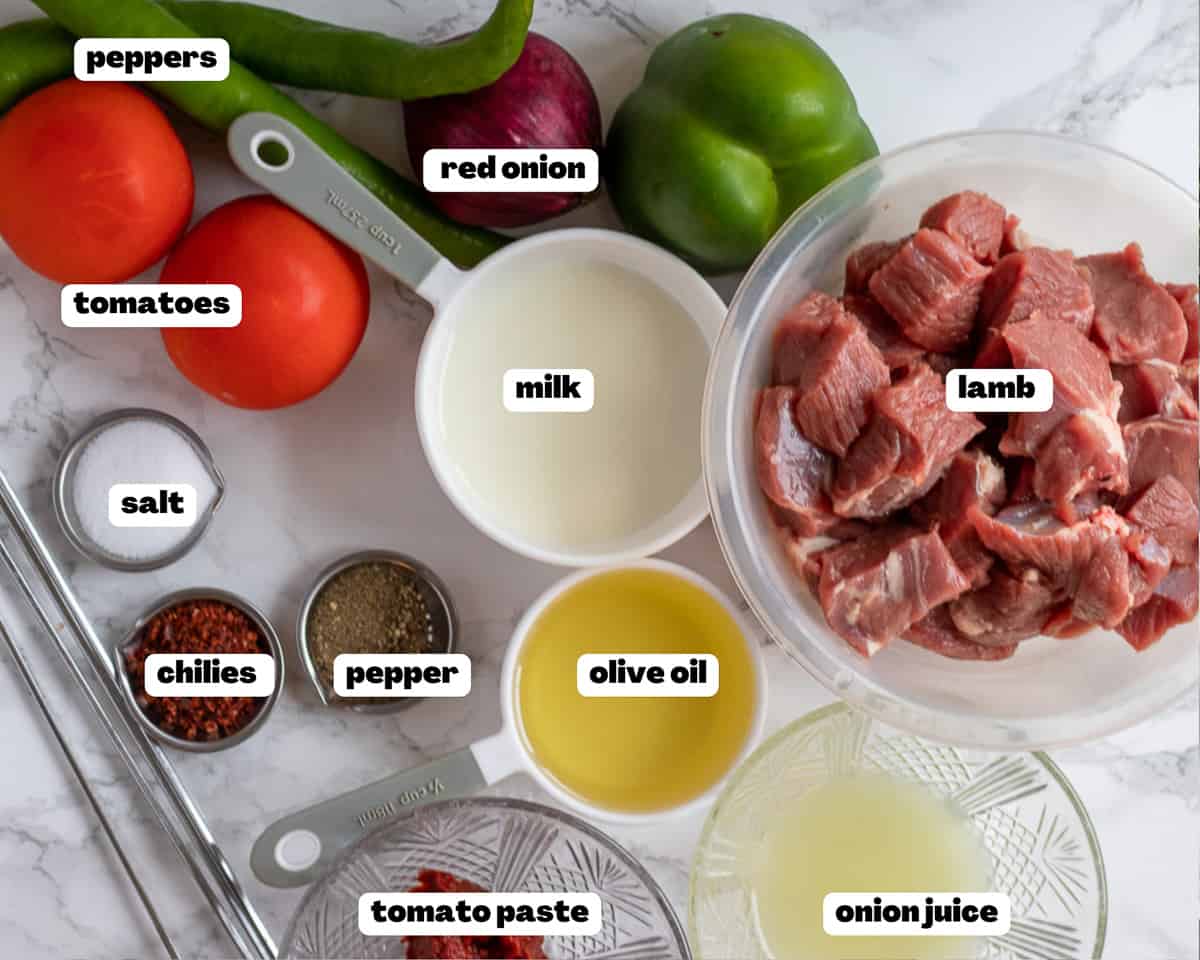 Labelled picture of ingredients for lamb Shish Kebabs