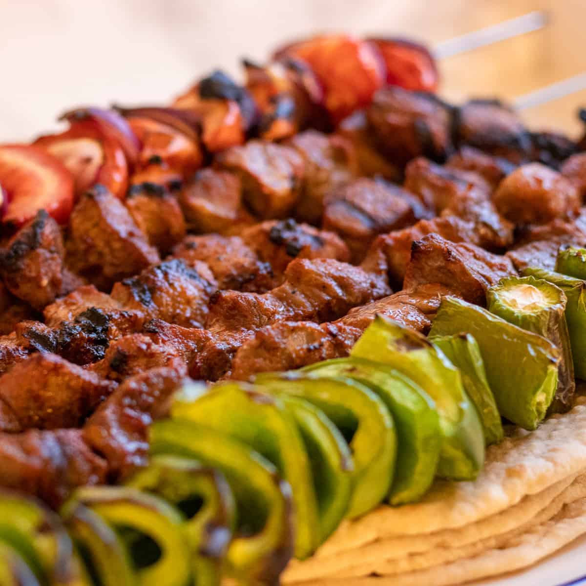 Lamb shish kebabs are cooked on the bbq