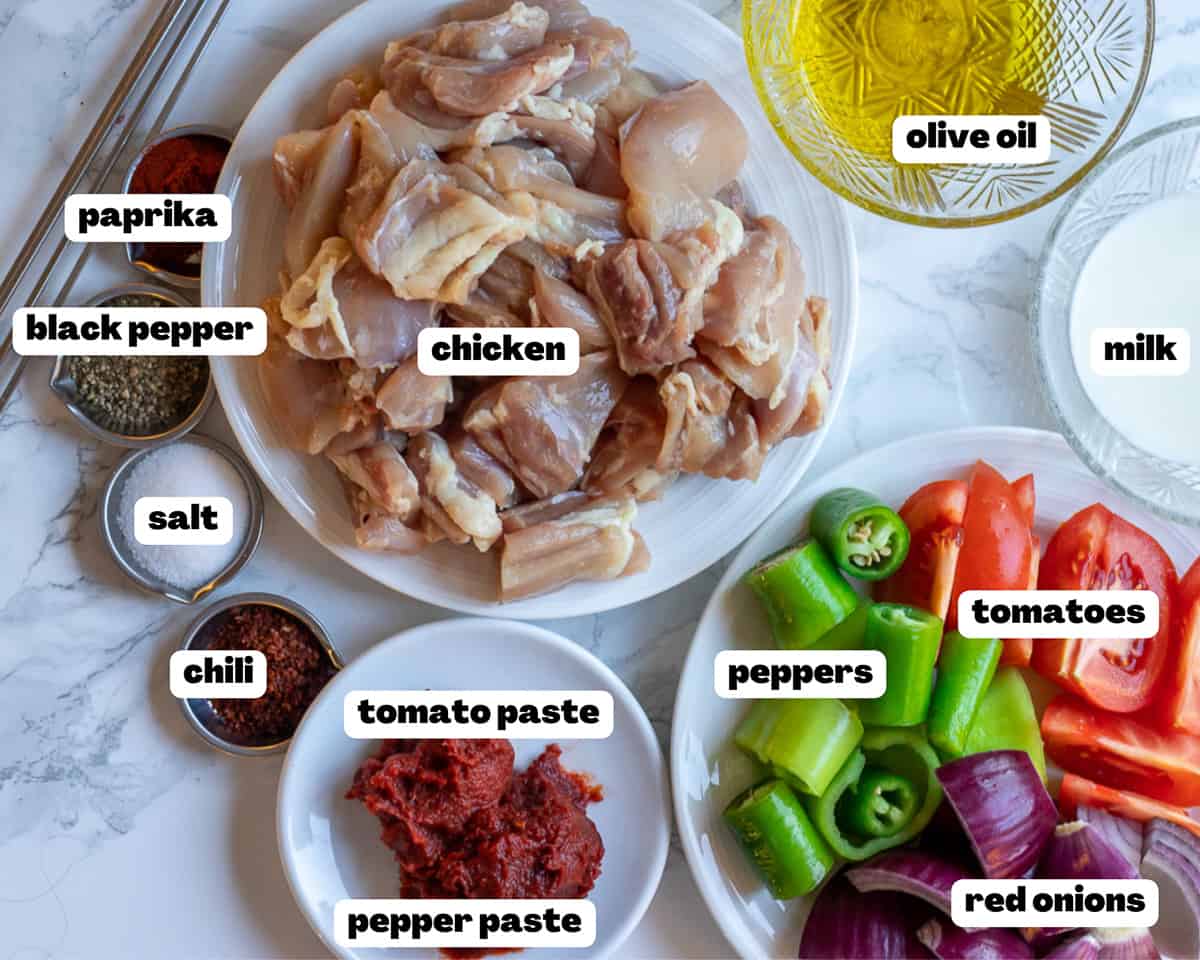 Labelled picture of ingredients for turkish chicken kebabs