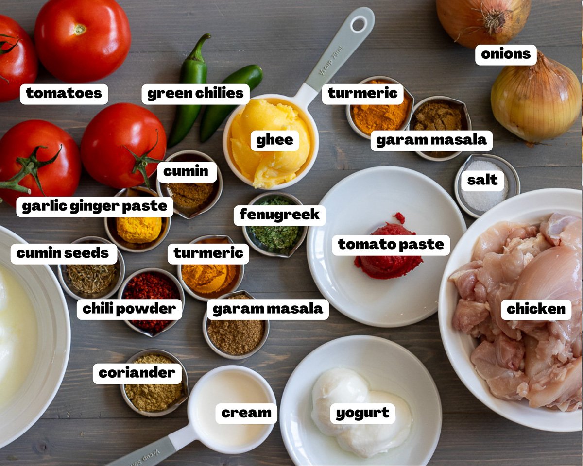 Labelled picture of ingredients for chicken handi recipe