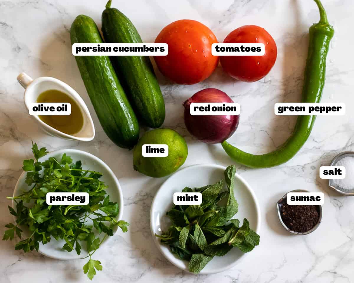 Labelled picture of ingredients for Persian Shirazi Salad