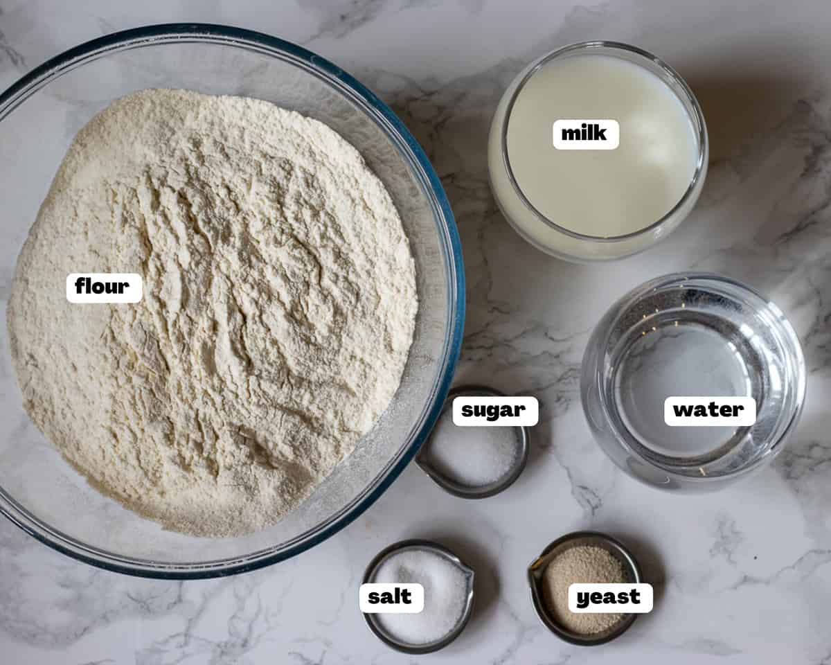 Labelled picture of ingredients for Middle Eastern lavash bread recipe