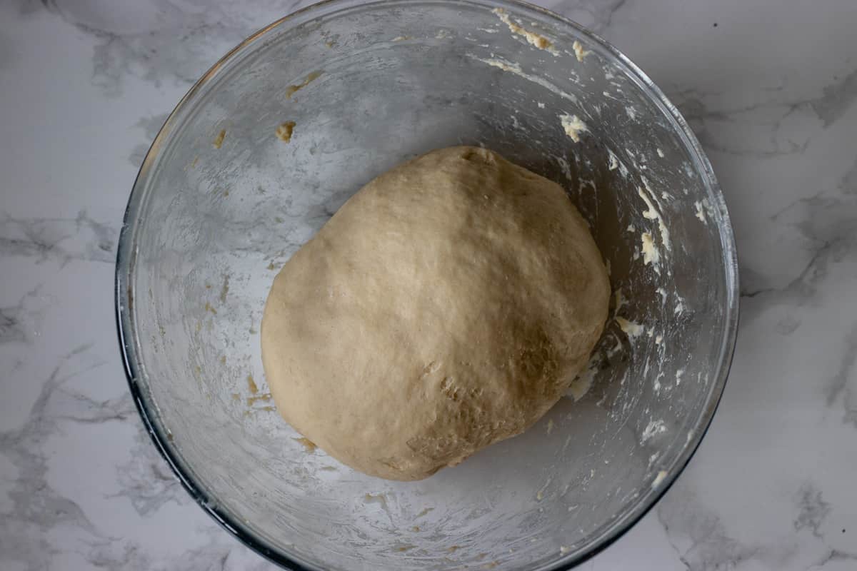 the lavash dough is placed in a bowl for proofing 