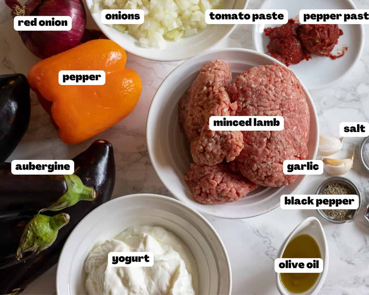 labelled picture of ingredients for Ali Nazik kebab