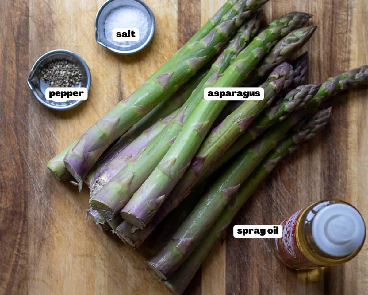 Labelled picture of ingredients for air fryer asparagus recipe 
