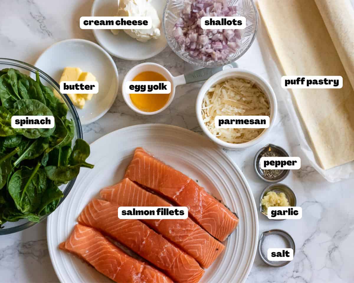 Labelled picture of ingredients for individual salmon en croute