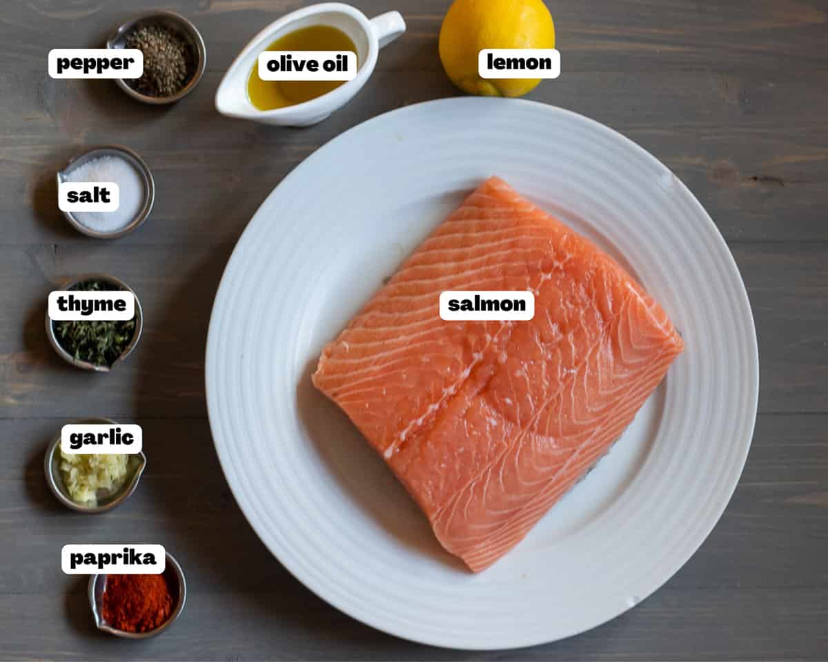 Labelled picture of ingredients for baked salmon