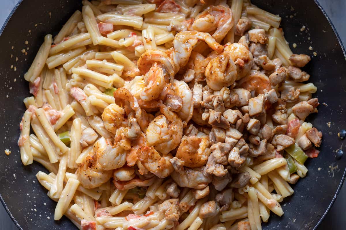 cooked pasta mixed with the sauce and sautéed chicken and prawns
