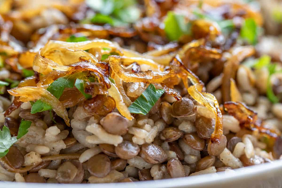 lentil and rice dish served with caramelised onions