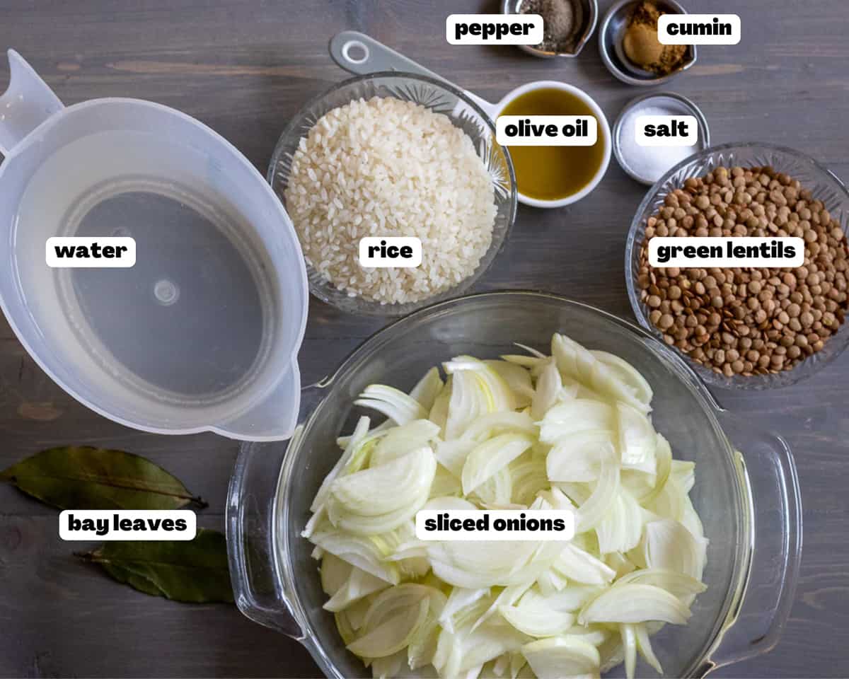 Labelled picture of ingredients for mujadara
