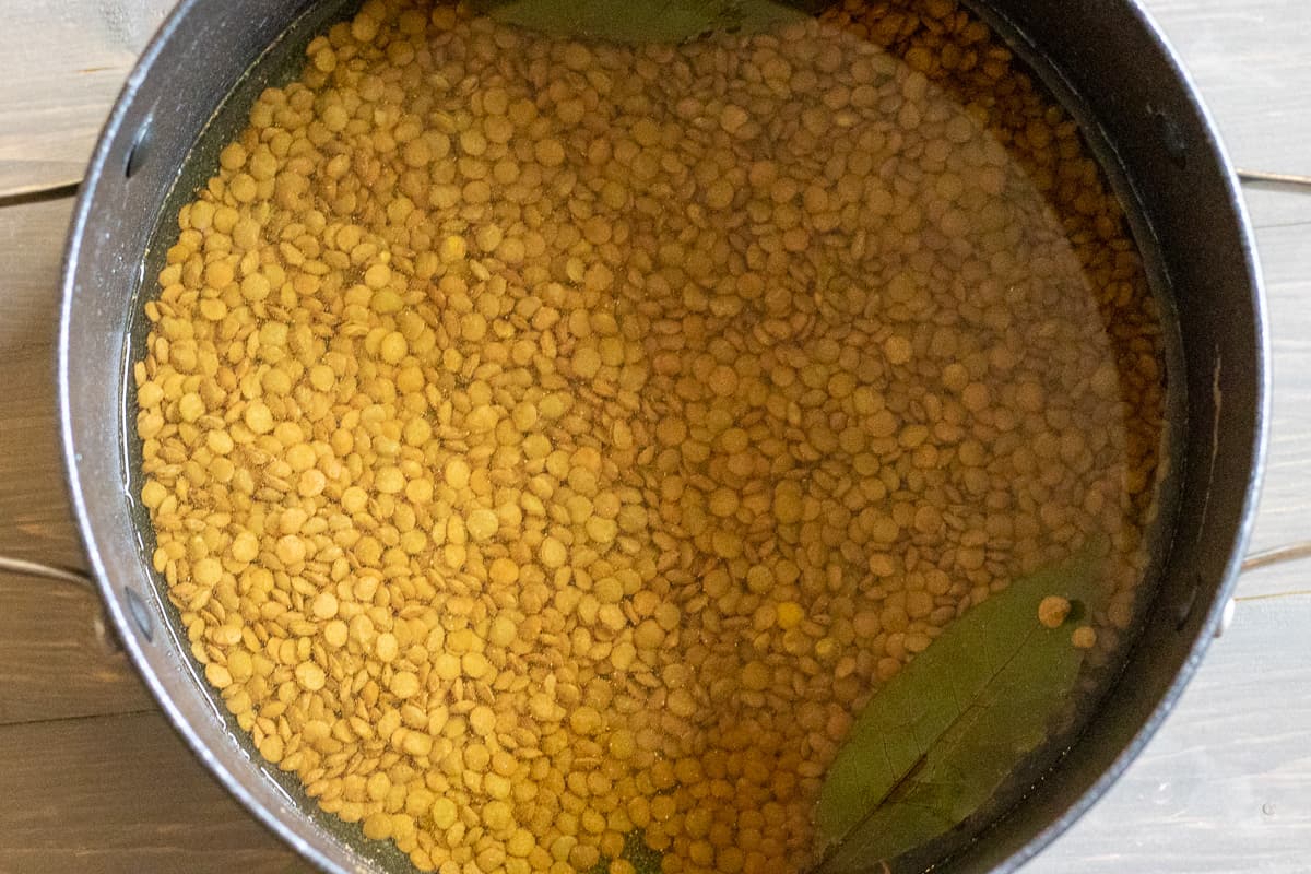 green lentils are placed in a pan with 3 cups of water