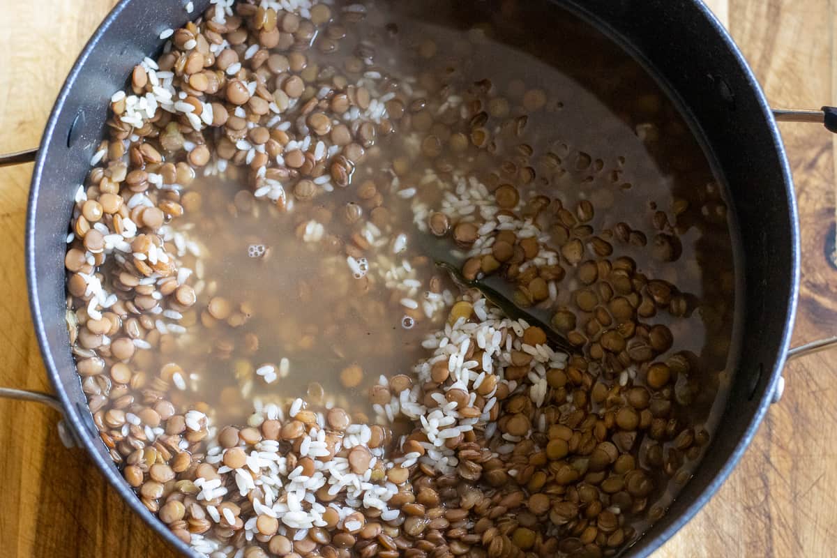 the rice is added to precooked lentils