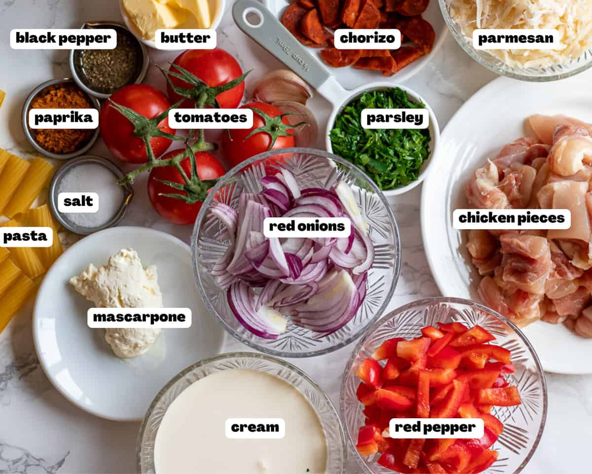 Labelled picture of ingredients for chicken and chorizo pasta