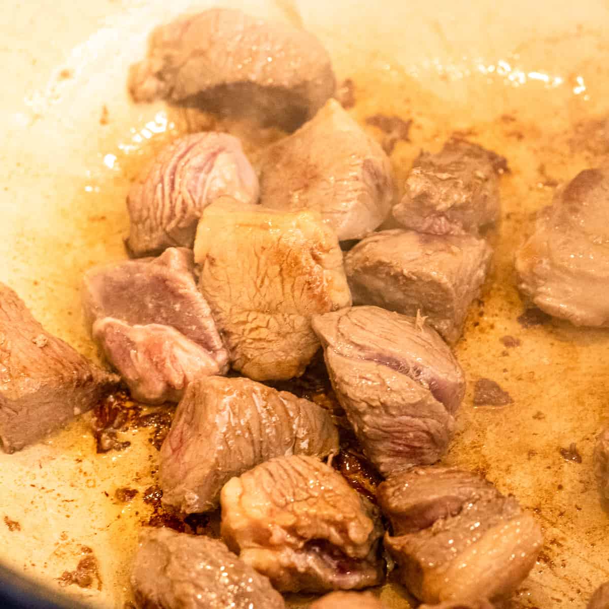 diced lamb pieces are browning in a dutch oven