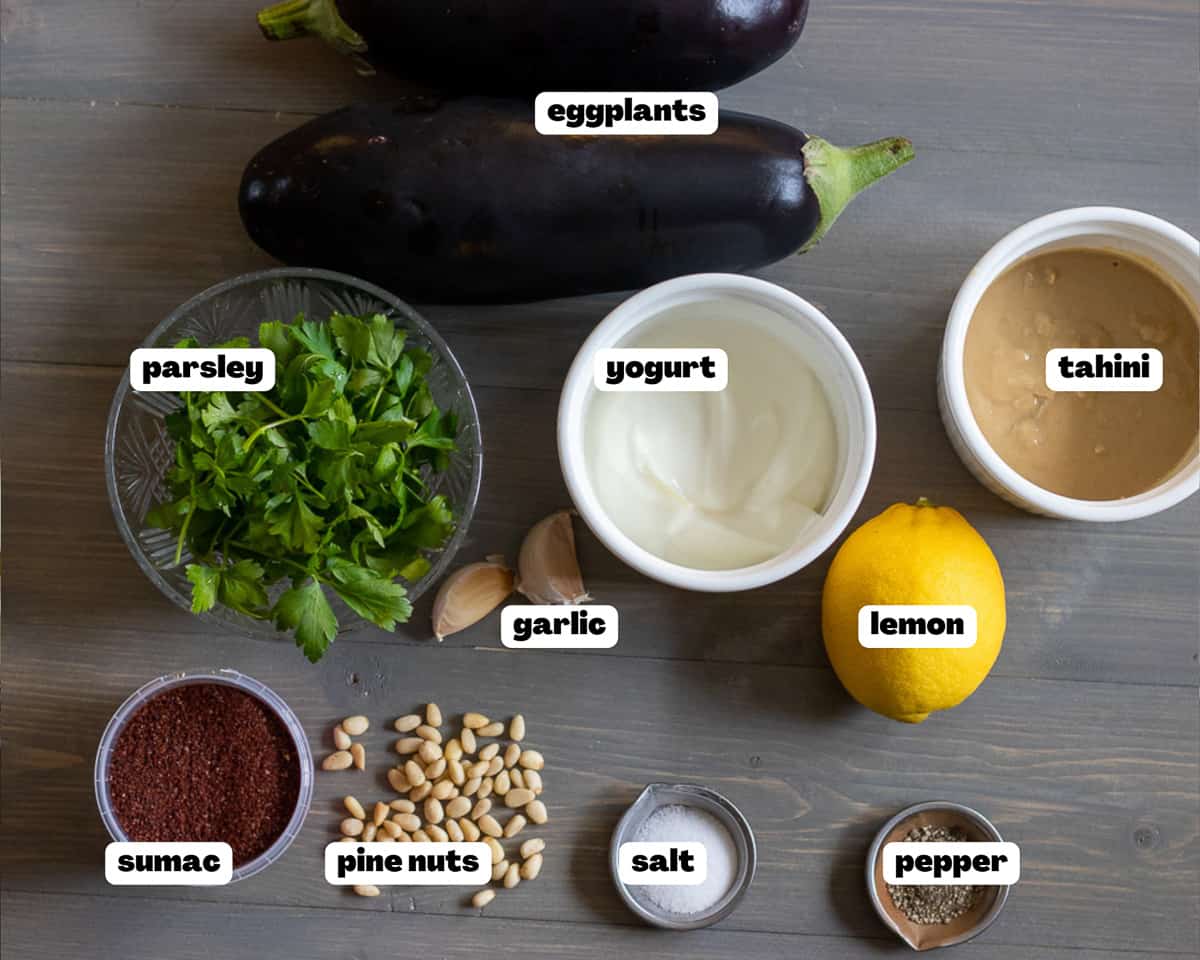 Labelled picture of ingredients for Mutabal (Roasted Eggplant Dip)