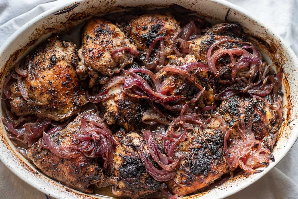 chicken and onions are baked until nicely browned