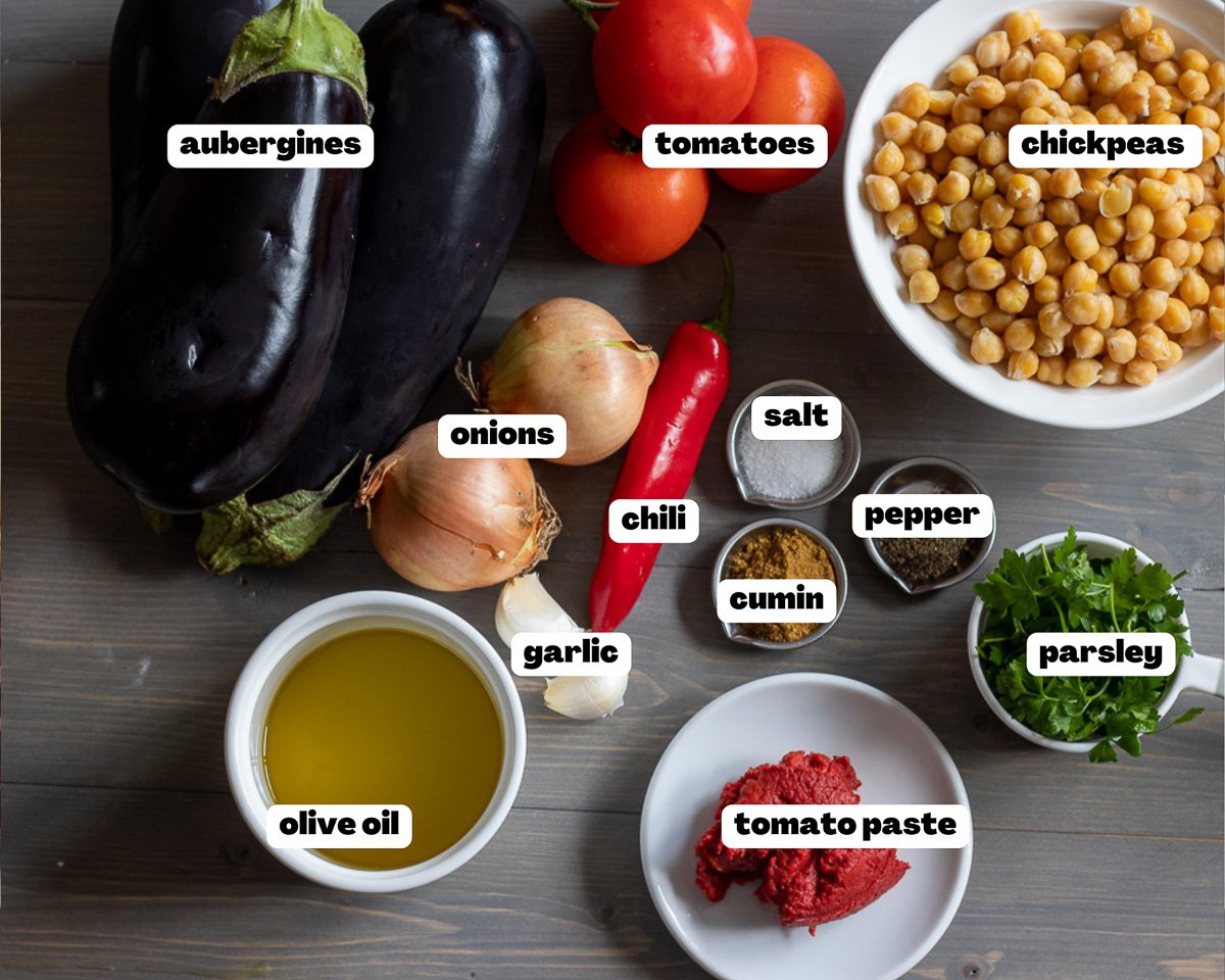 Labelled picture of ingredients for vegan Lebanese maghmour