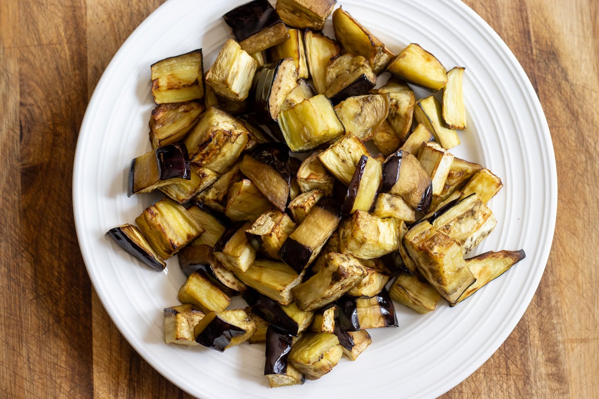 eggplant cubes are roasted until softened