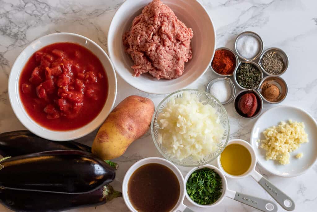 Ingredients for authentic Greek Moussaka meat filling