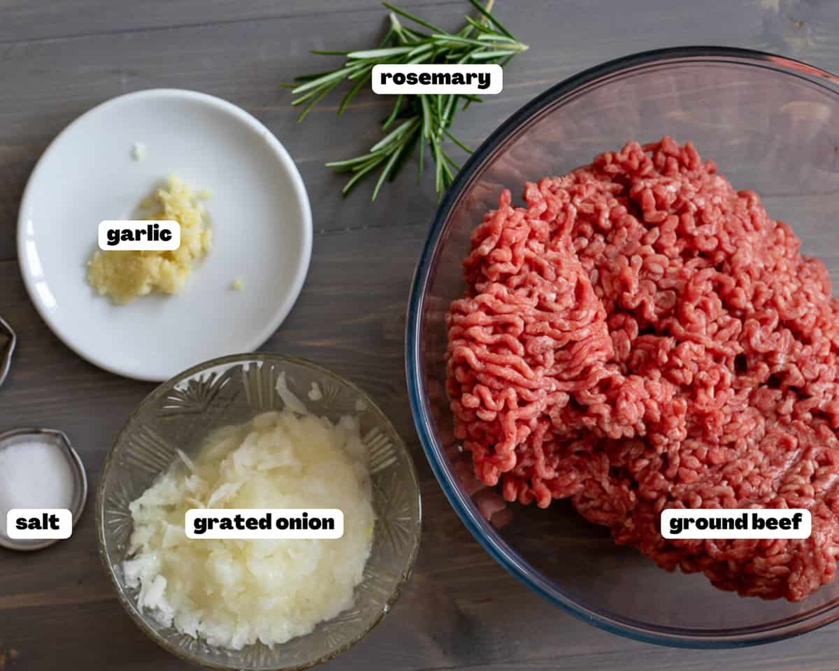 Labelled picture of ingredients for air fryer hamburgers